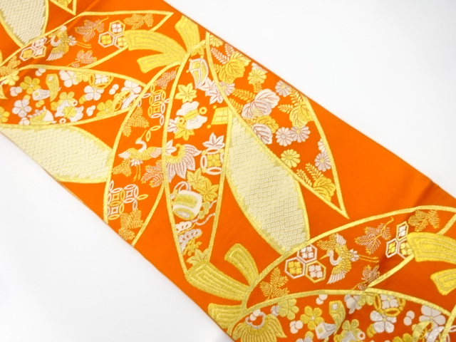 アンティーク　笹に宝尽くし・鶴模様織り出し袋帯（着用可）